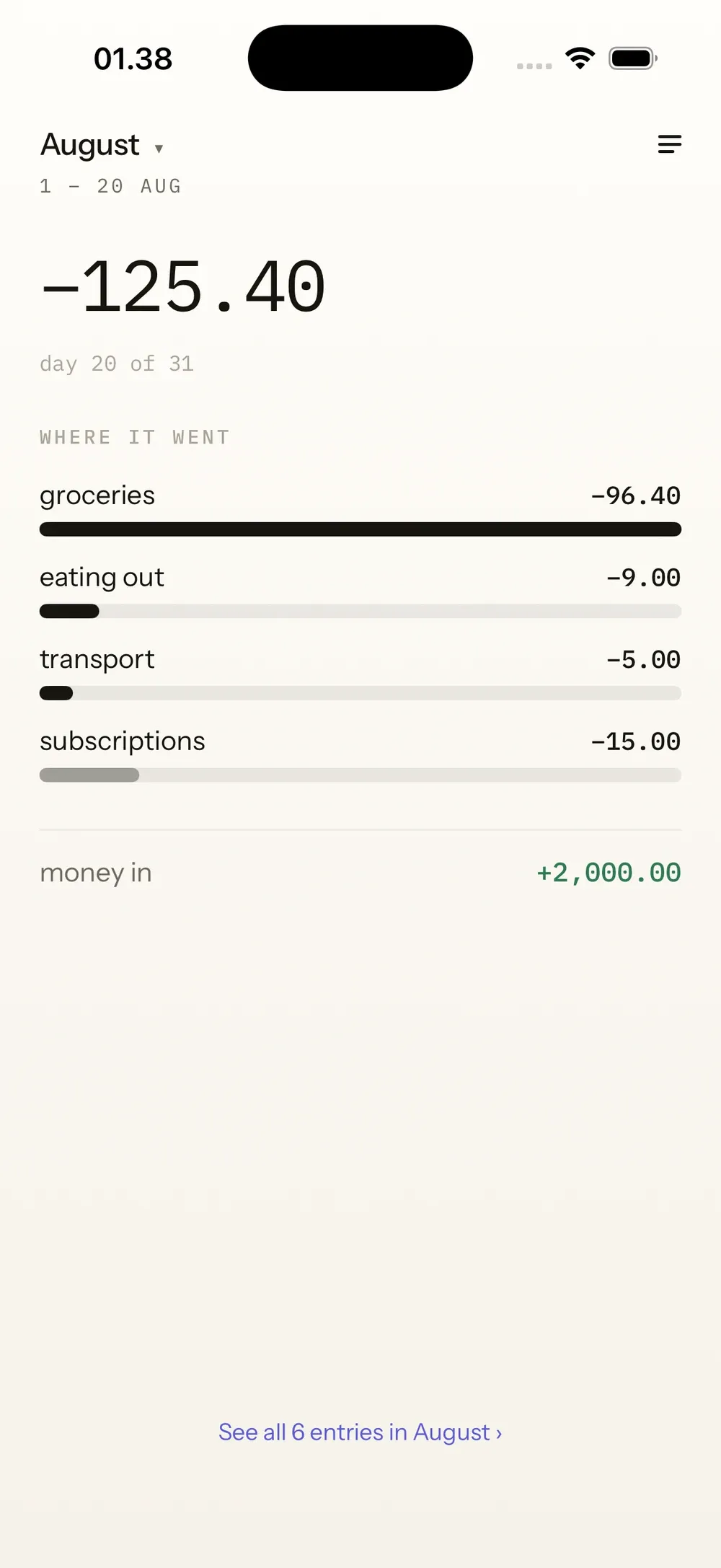 Margin's monthly review screen with example ledger totals.