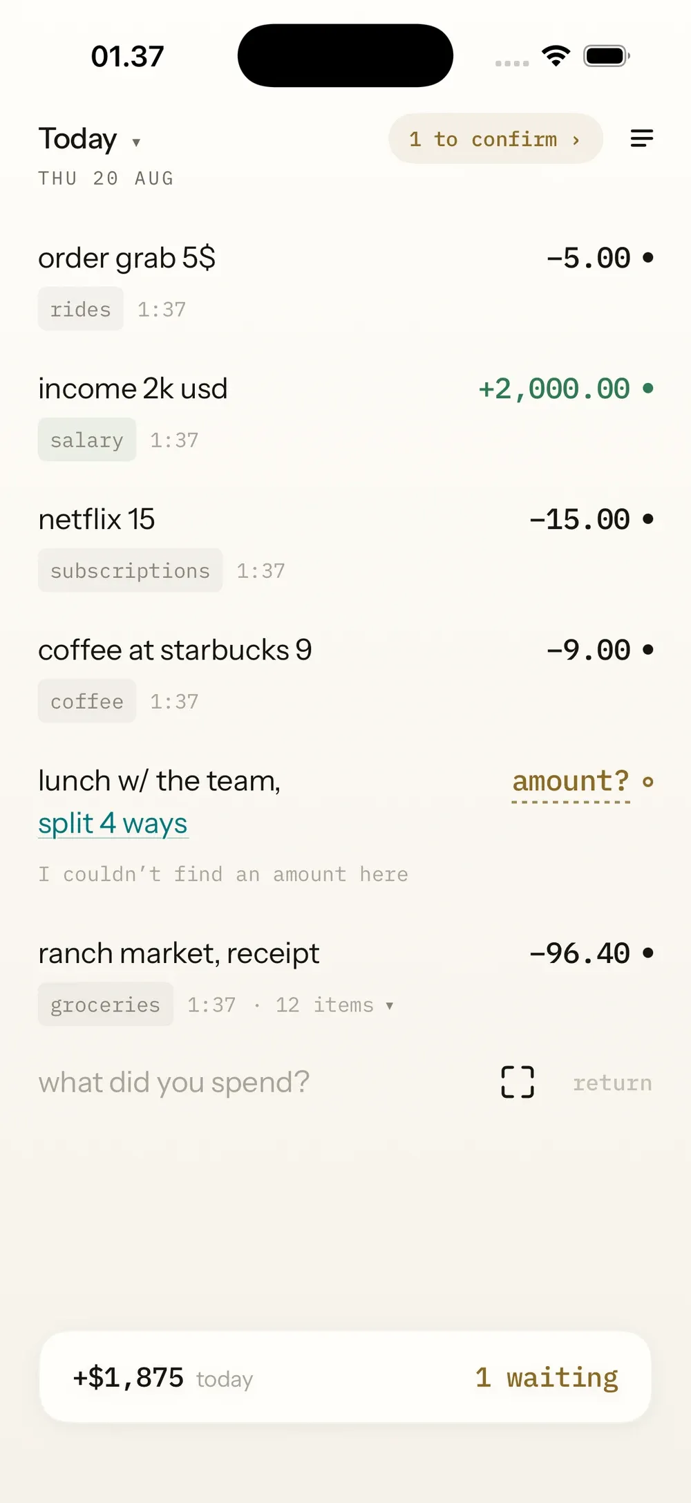 Margin's Today ledger, with example spending notes and amounts in the right margin.