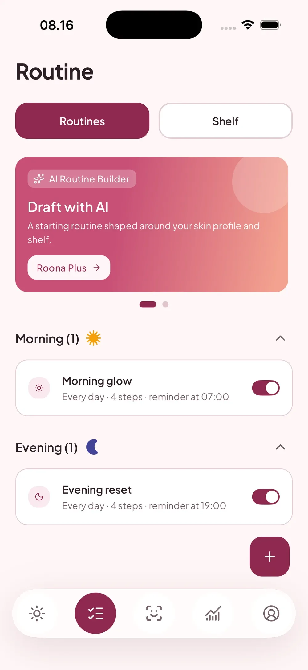 Roona's Routines screen showing example morning and evening routines, step counts, and reminders.