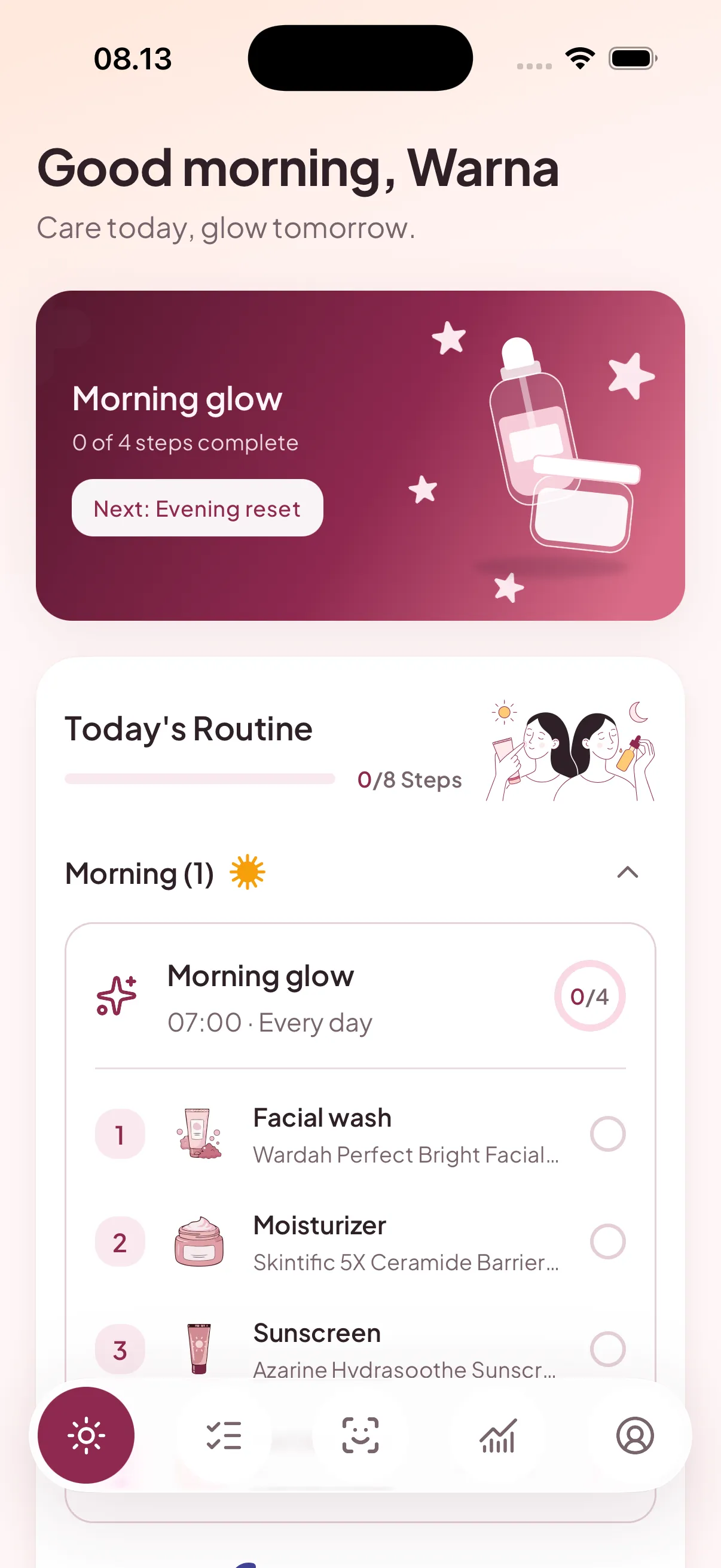 Roona's Today screen showing example routine progress and individual skincare steps to check off.