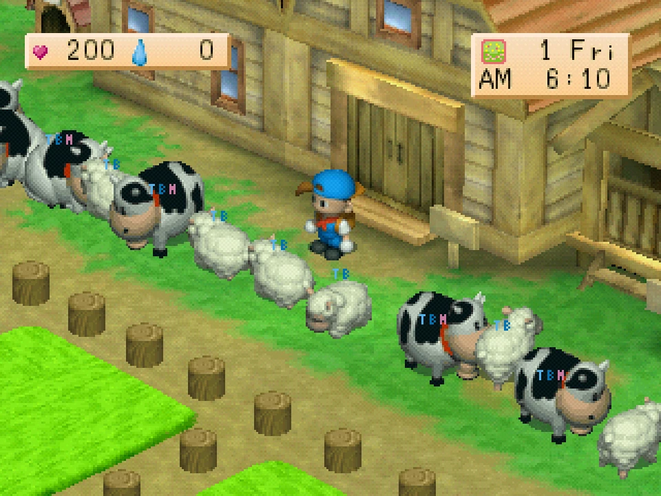 Cows and sheep standing outside the barn on the farm after ringing the bell.