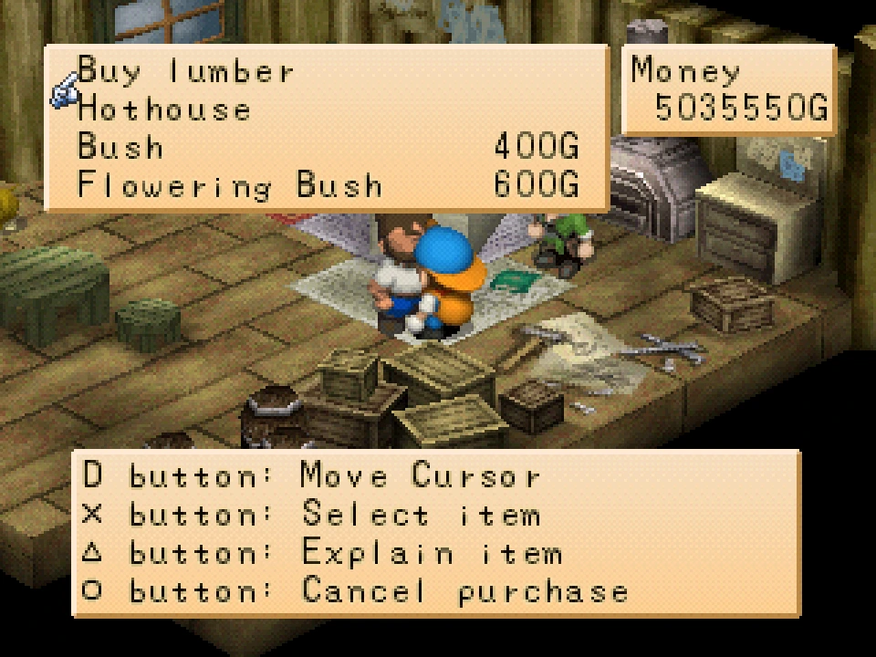 Gotz's shop menu listing Bush and Flowering Bush with their prices.