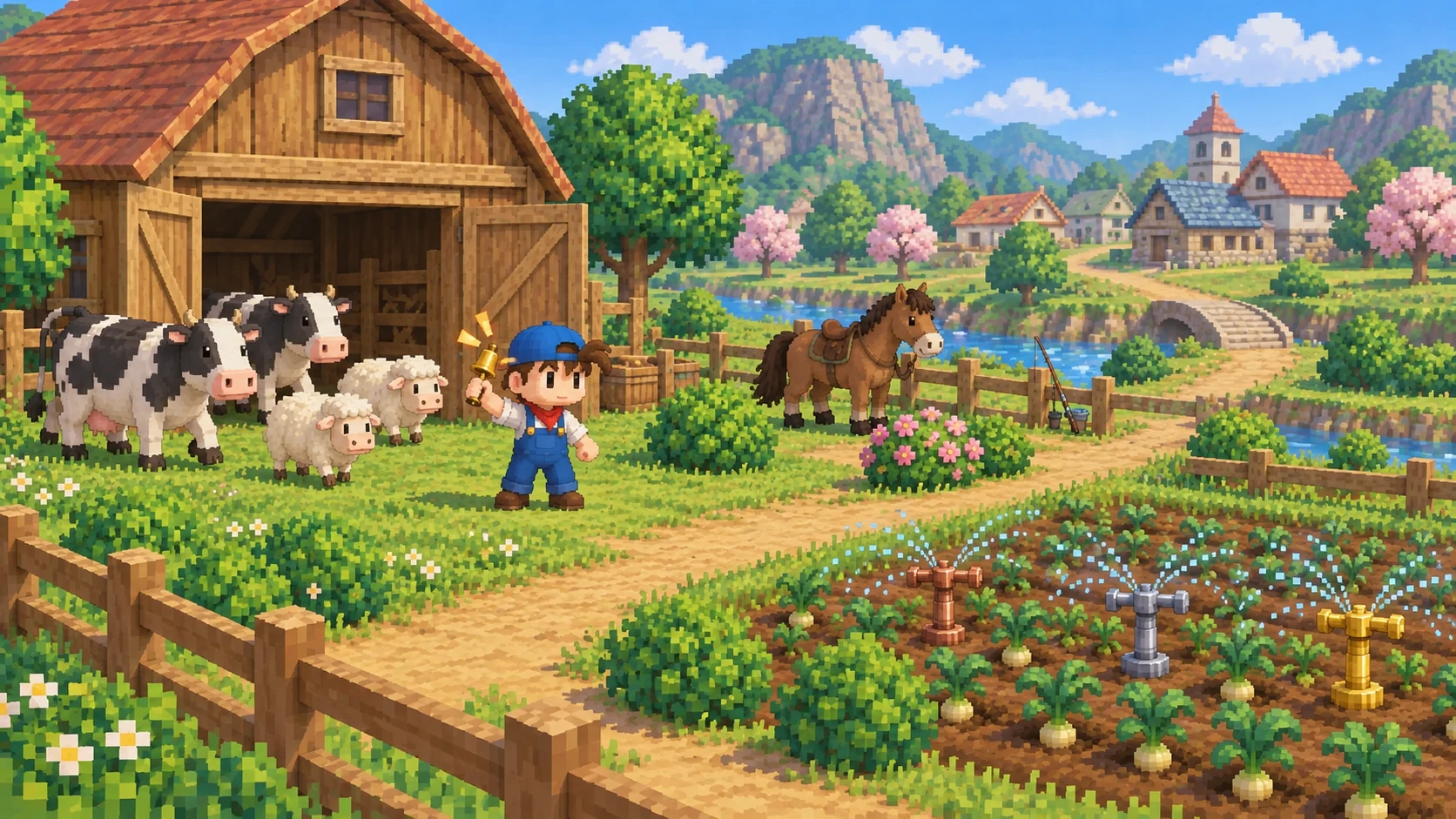 Illustrated farm scene with the farmer ringing a bell as cows and sheep leave the barn, bronze, silver and gold sprinklers watering crops, garden bushes and a parked horse.