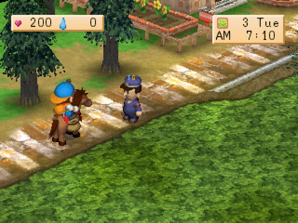 The farmer riding his horse along the road into town.