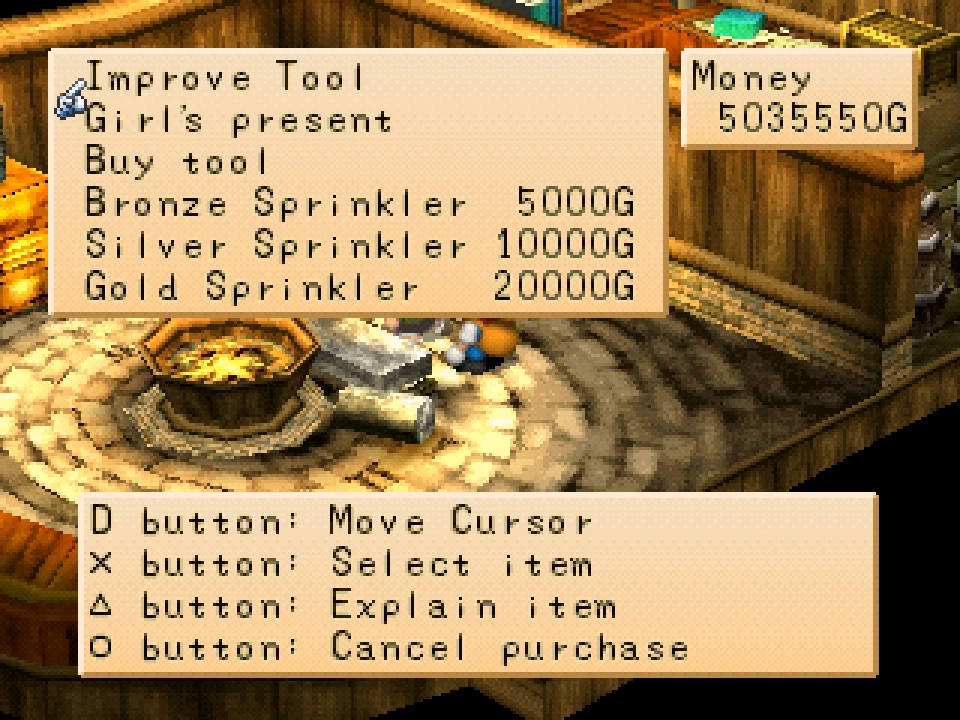 Saibara's shop menu listing Bronze, Silver and Gold Sprinklers with their prices.
